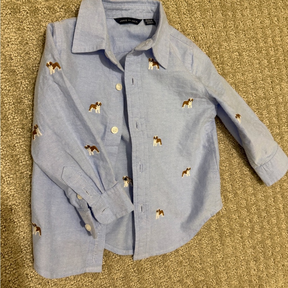 Janie and Jack Blue Kids Shirt with Dog Embroidery 12-18 Mo